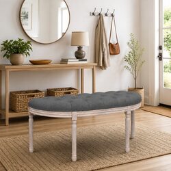 Bench Fabric Seat Grey Wooden Legs Foyer Entryway Living Room Furniture