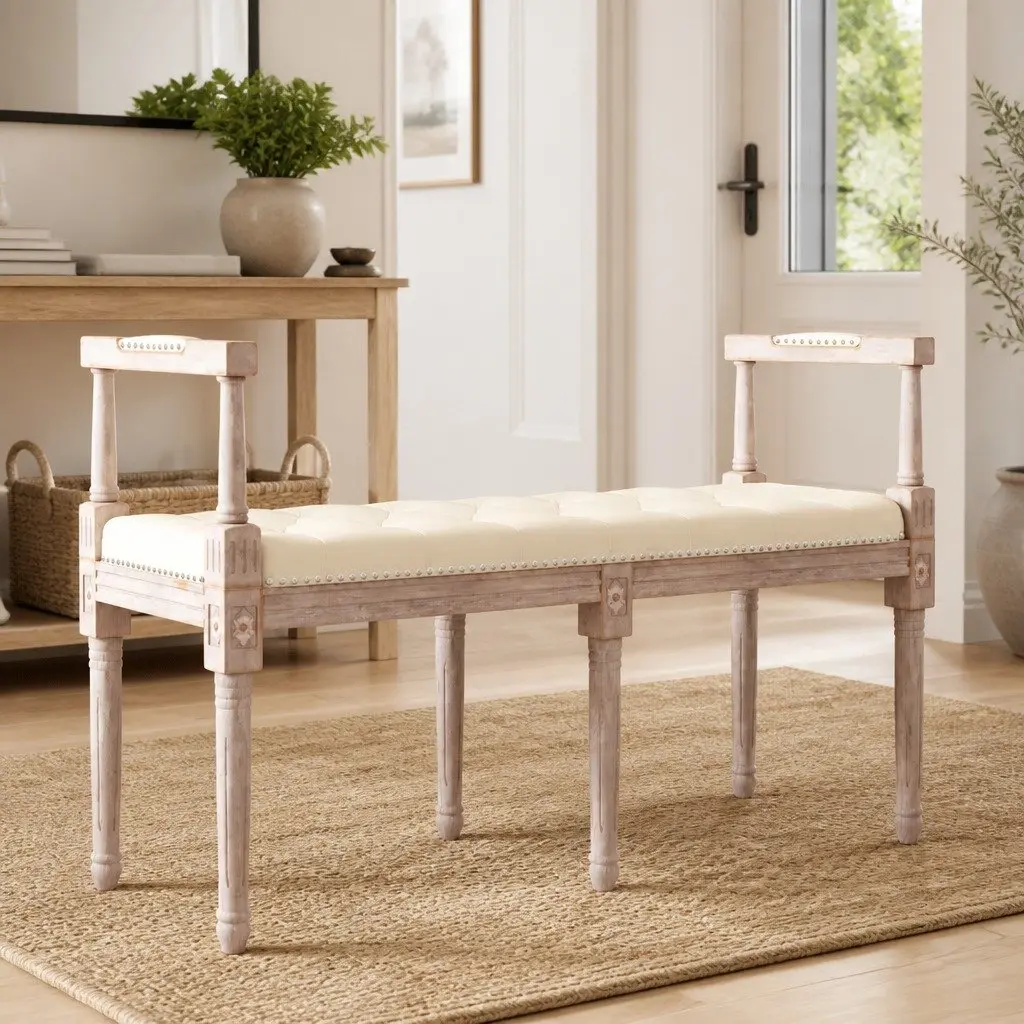 Bench Linen Upholstered 110x40x70 cm Beige Tufted Wood Legs