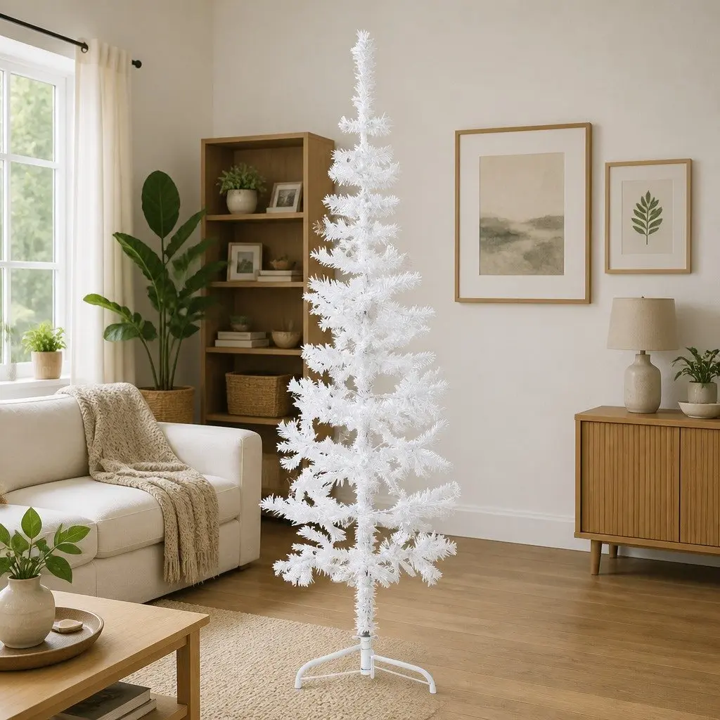 Slim Artificial Half Christmas Tree with Stand White 180cm Lifelike Holiday