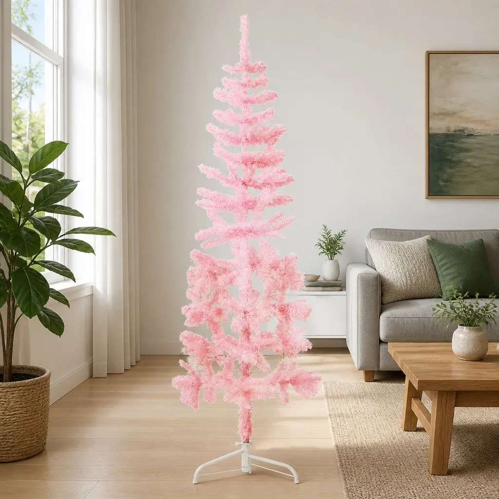 Slim Artificial Half Christmas Tree with Stand Pink 180cm Holiday Decor