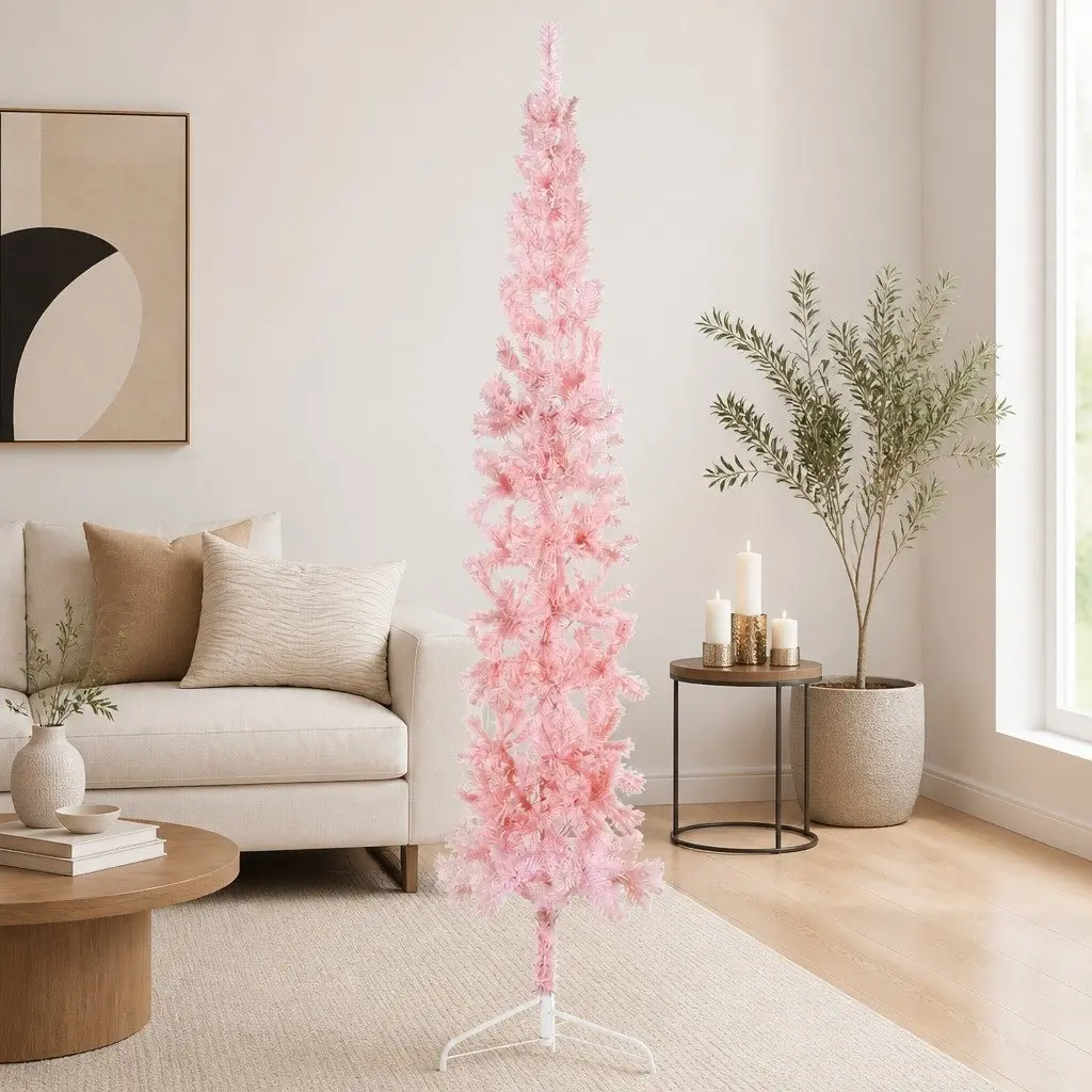 Slim Artificial Half Christmas Tree with Stand Pink 240cm Home Holiday Decor