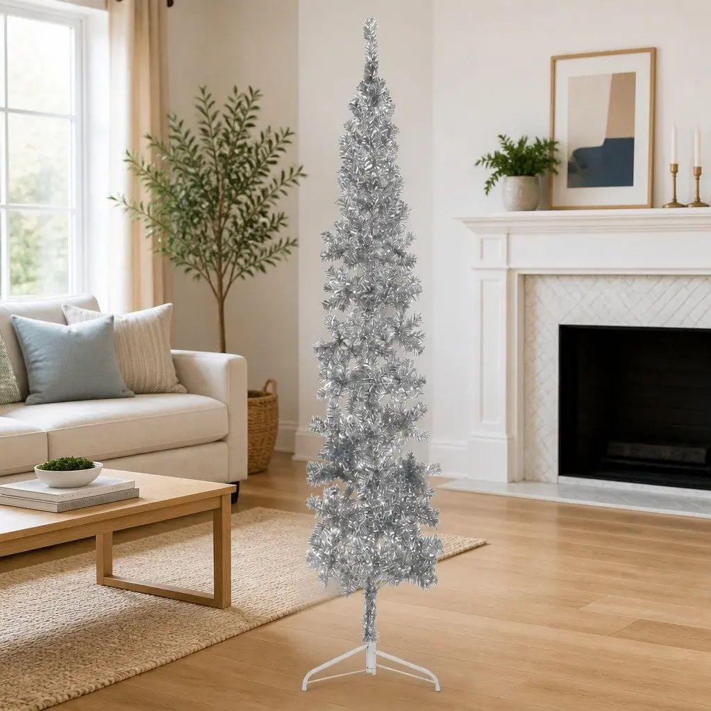 Slim Silver Artificial Half Christmas Tree 240cm Wall Mounted Home Decor