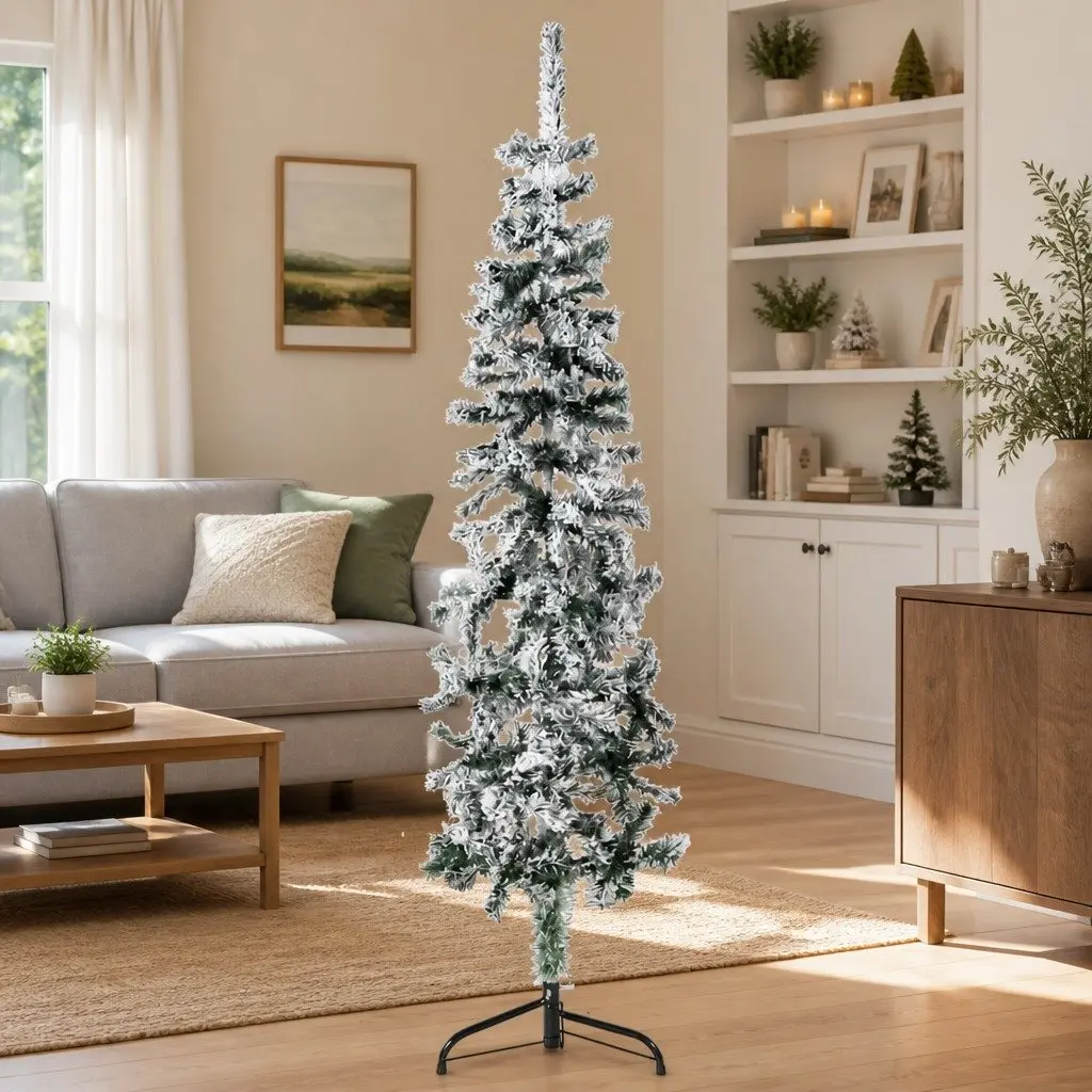 Slim Artificial Half Christmas Tree 150cm Flocked Snow Wall-Mount Holiday Decor