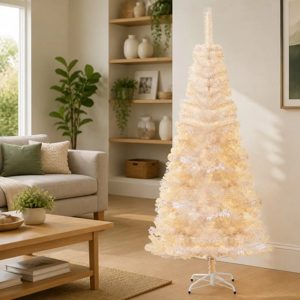 Artificial Christmas Tree PVC White 180cm Iridescent Tips Seasonal Decor