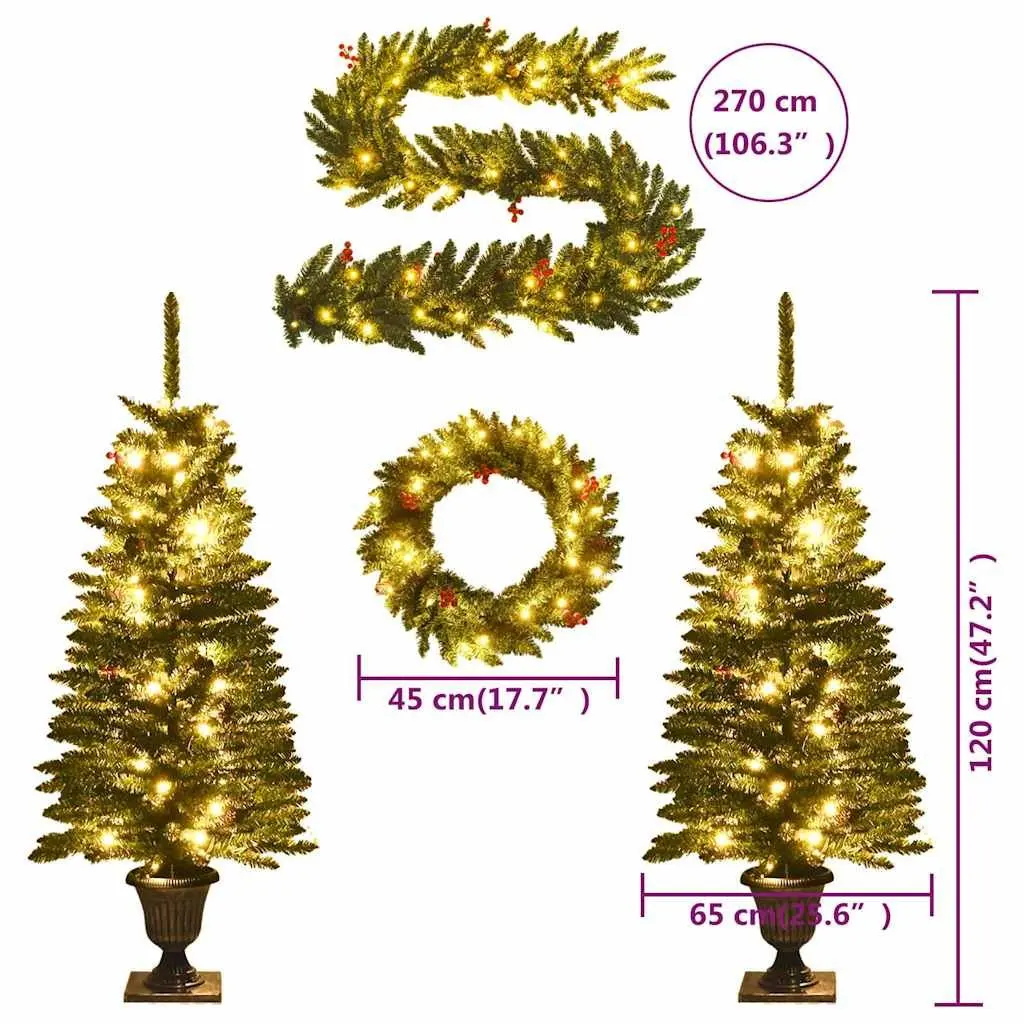 Artificial Christmas Tree Set 2 Pieces with Wreath Garland LED Lights Holiday