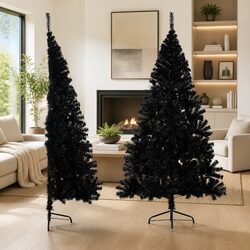 240cm Half-Round Black Christmas Tree with Steel Stand