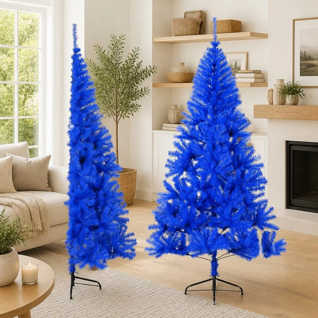 Artificial Half Christmas Tree with Stand Blue 210 cm Seasonal Holiday Decor