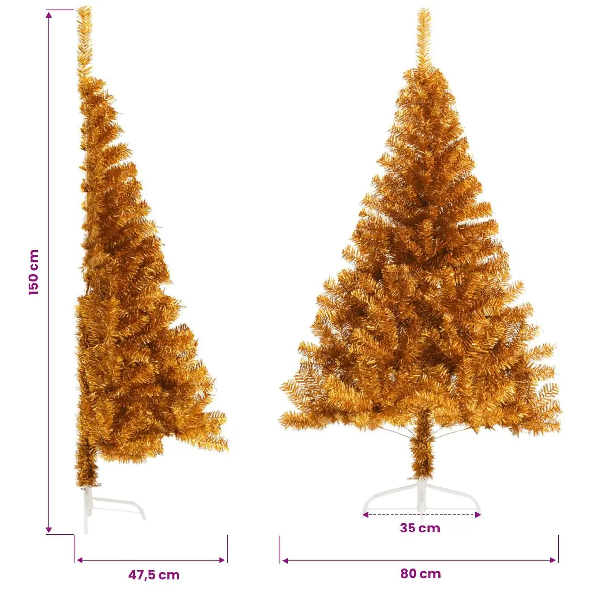 Half Christmas Tree Gold Artificial 150cm PET Tips with Steel Stand