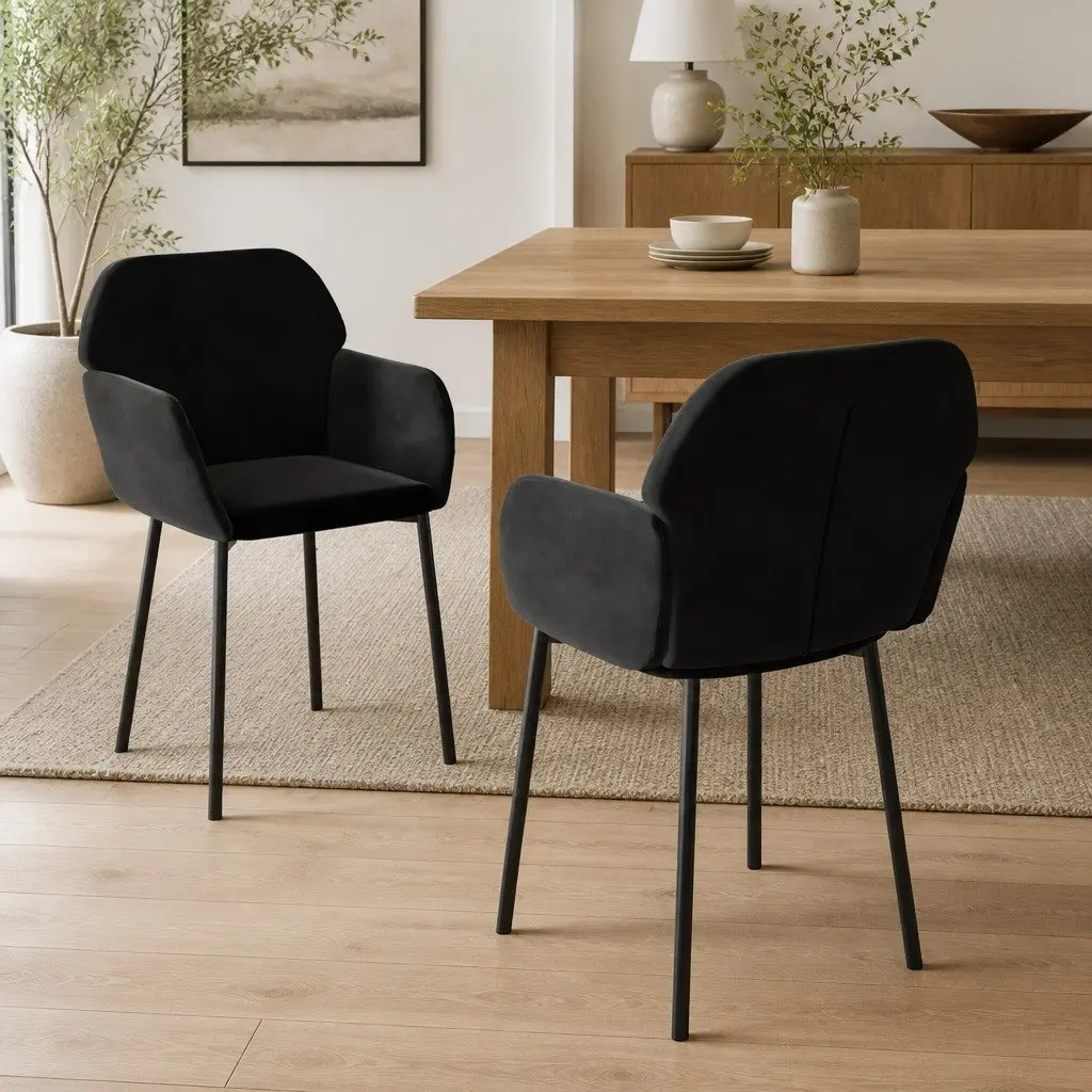 Dining Chairs Velvet Black 2 pcs Padded Armrest Backrest Metal Plywood Frame