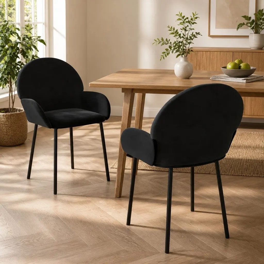 Dining Chairs Velvet Black 2 Piece Kitchen Room Seat Armrest Backrest Padded Foam