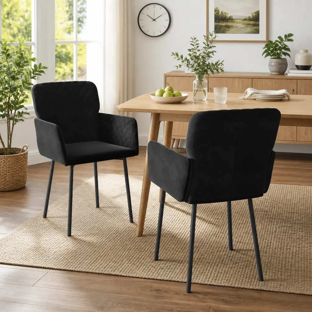 Dining Chairs Velvet Black 2 Piece Padded Armrest Backrest Foam Seat
