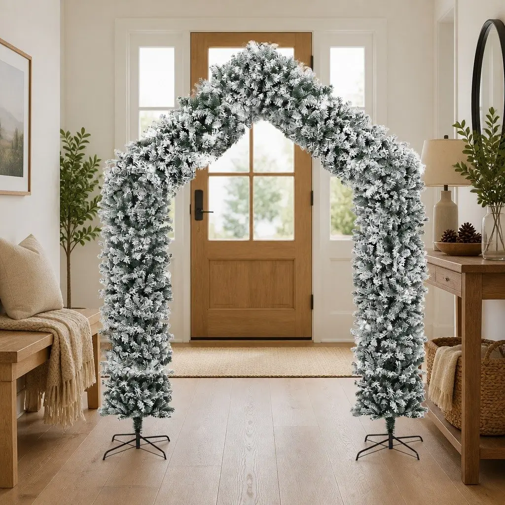 270cm Snow White Flocked PVC Christmas Tree Arch with Steel Stand Holiday Decoration