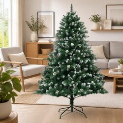 Artificial Christmas Tree 240cm Hinged Branches PVC Green with Stand Cones Snow