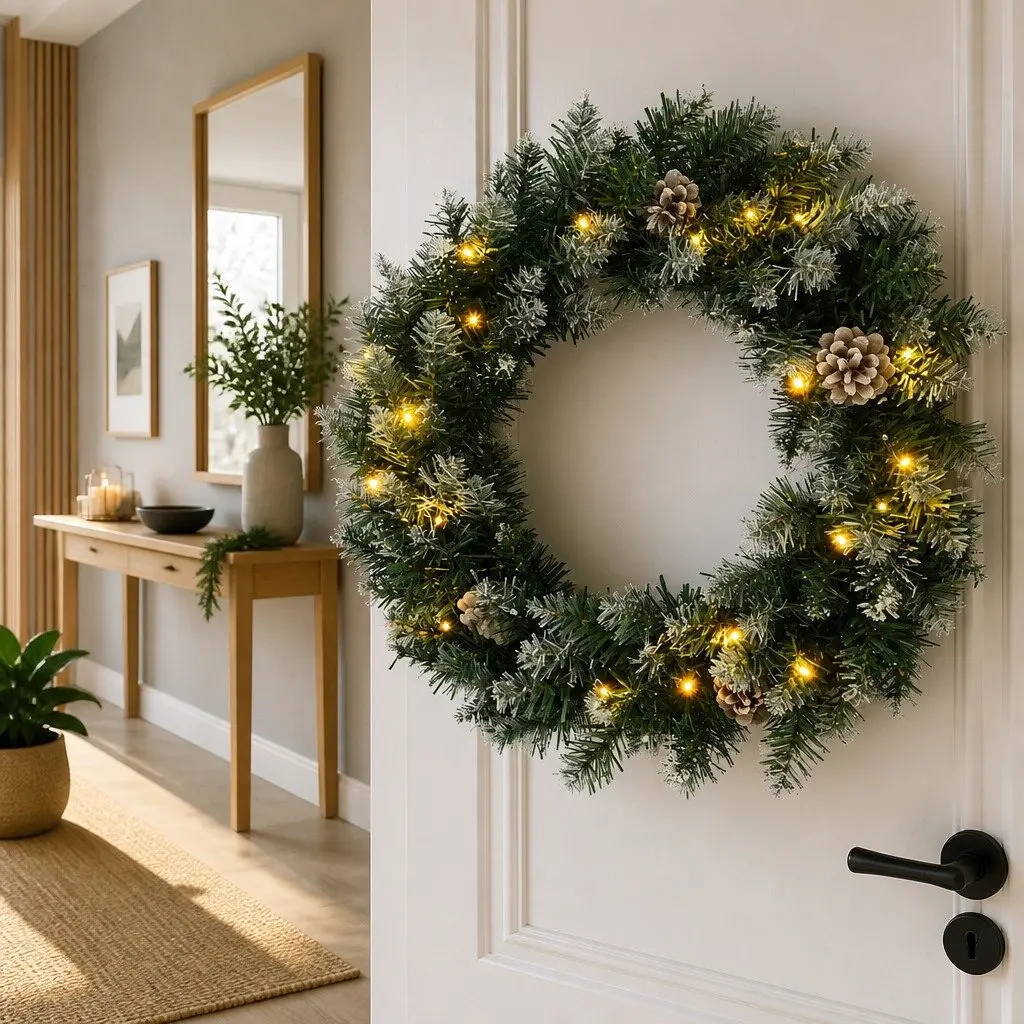 Christmas Wreath 45cm PVC Green with LED Lights Indoor Outdoor Holiday Decoration