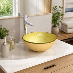Tempered Glass Bathroom Basin Above Counter Vessel Sink Gold 30x12cm Modern