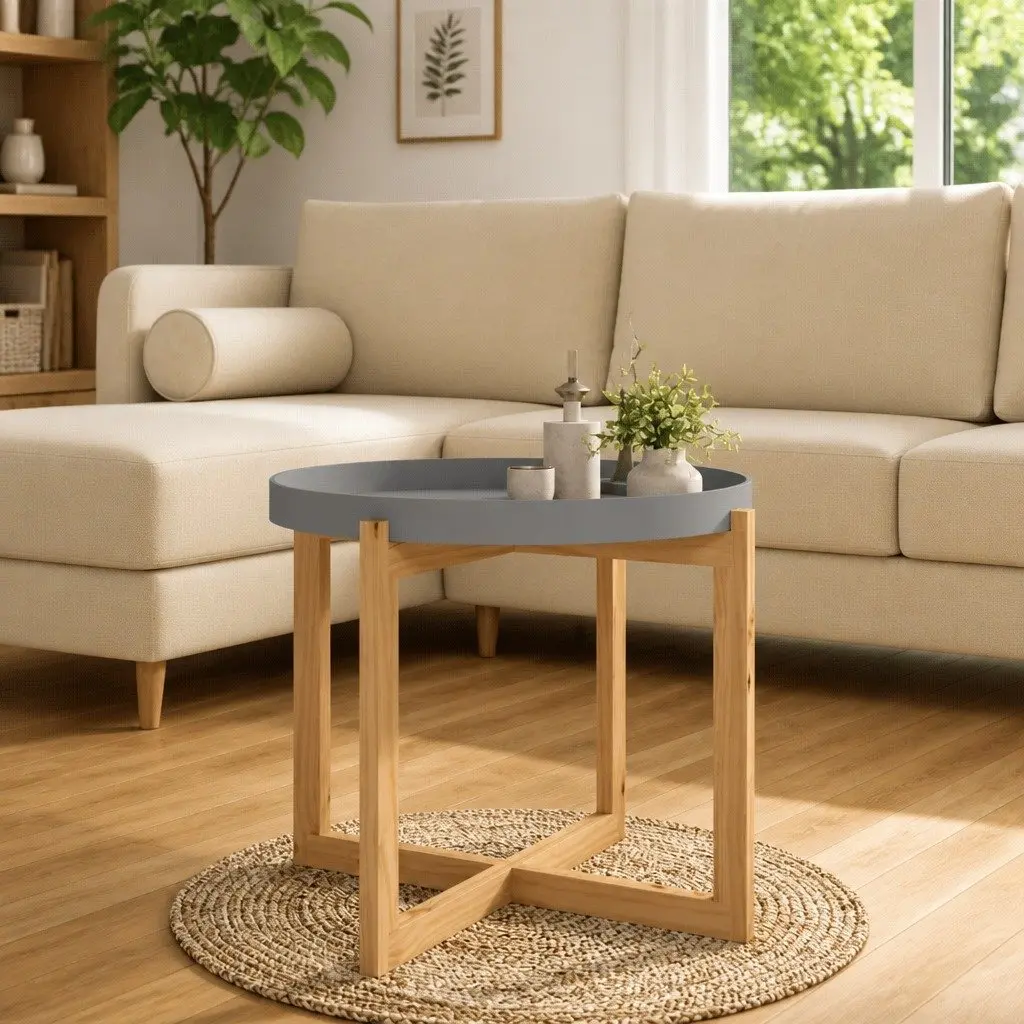 Coffee Table Engineered Wood 53x53x43.5cm Grey Solid Pinewood Feet