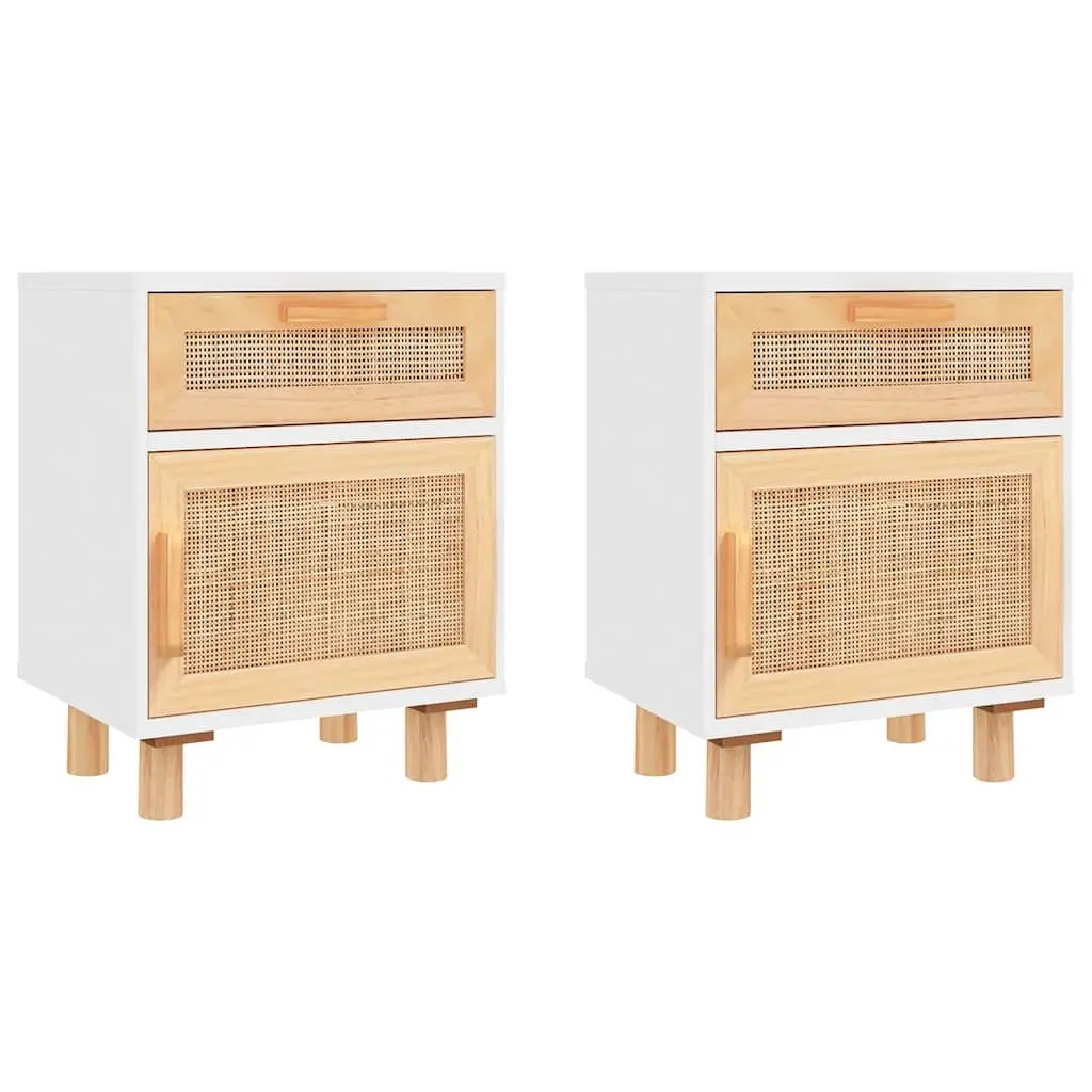Bedside Cabinet 2 pcs White Solid Pine Wood Rattan Drawer Storage Nightstand