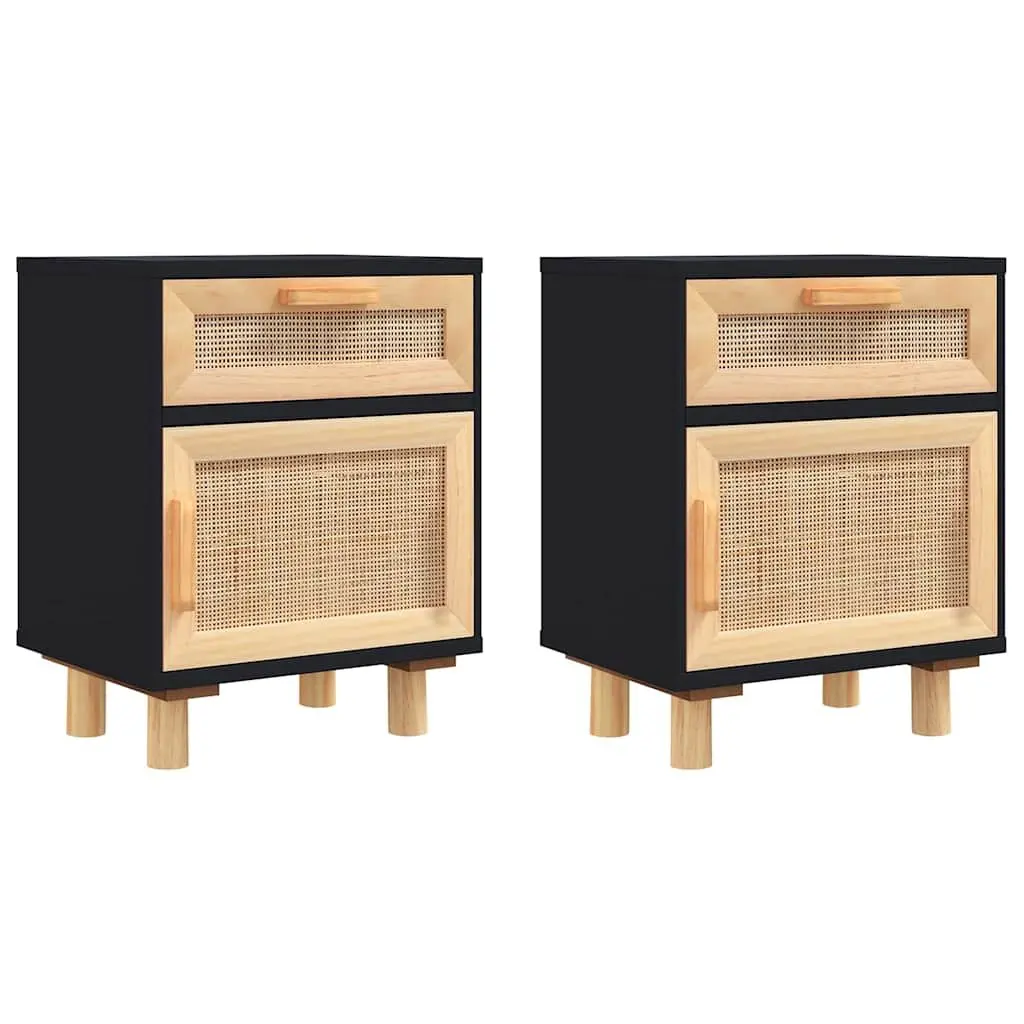 Bedside Cabinet Engineered Wood Black Solid Pine Wood Rattan 2 Piece Nightstand Storage Drawer