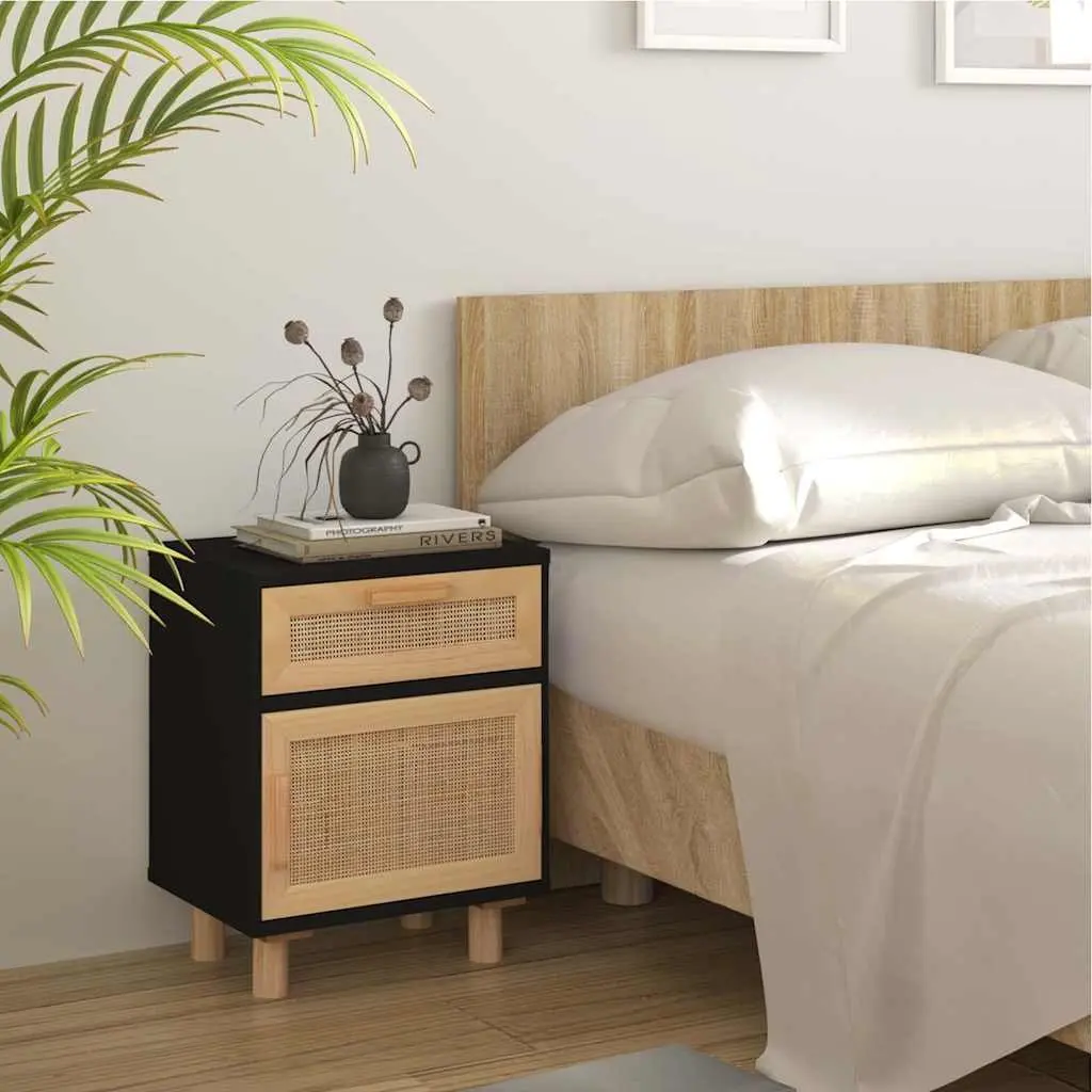 Bedside Cabinet Engineered Wood Black Solid Pine Wood Rattan 2 Piece Nightstand Storage Drawer