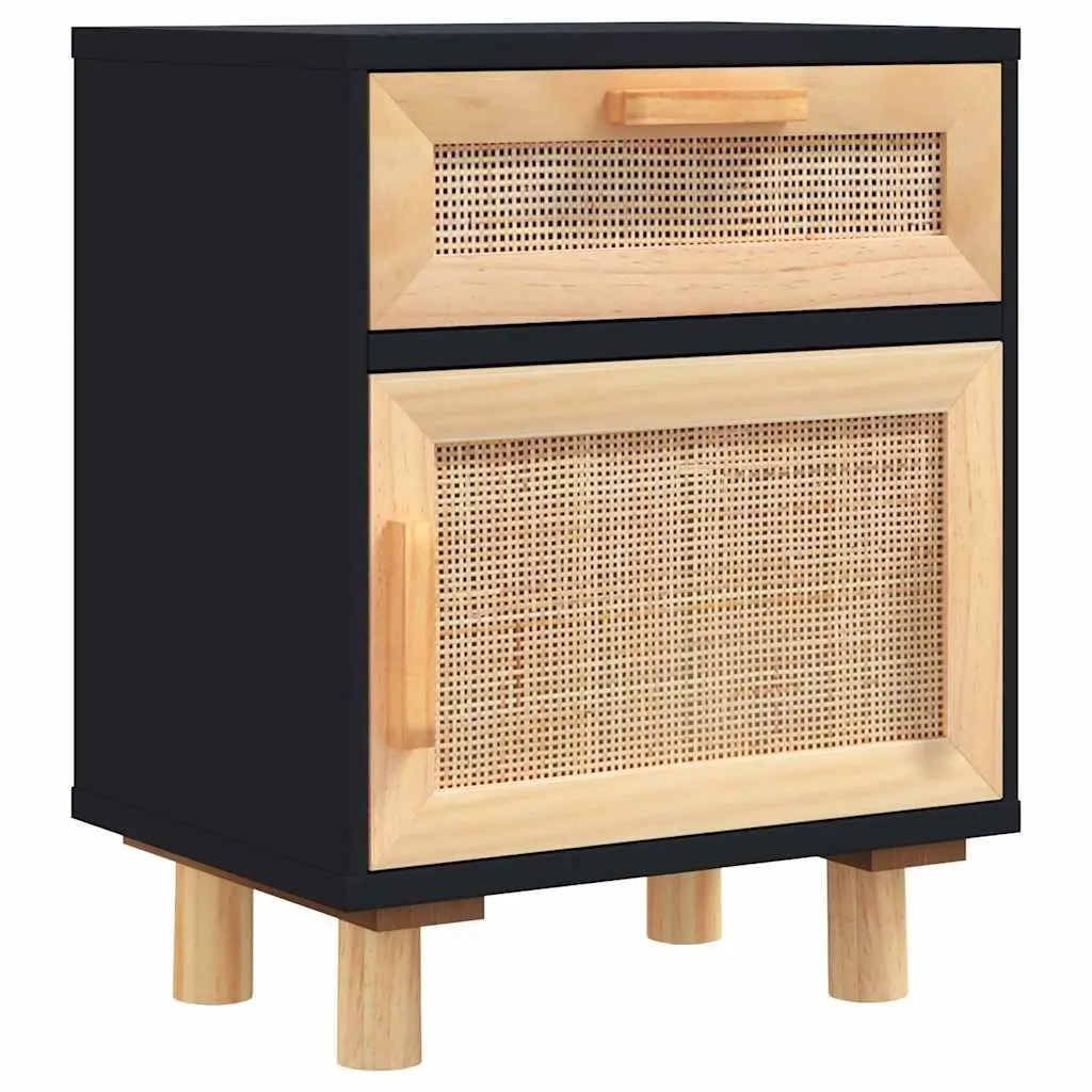 Bedside Cabinet Engineered Wood Black Solid Pine Wood Rattan 2 Piece Nightstand Storage Drawer