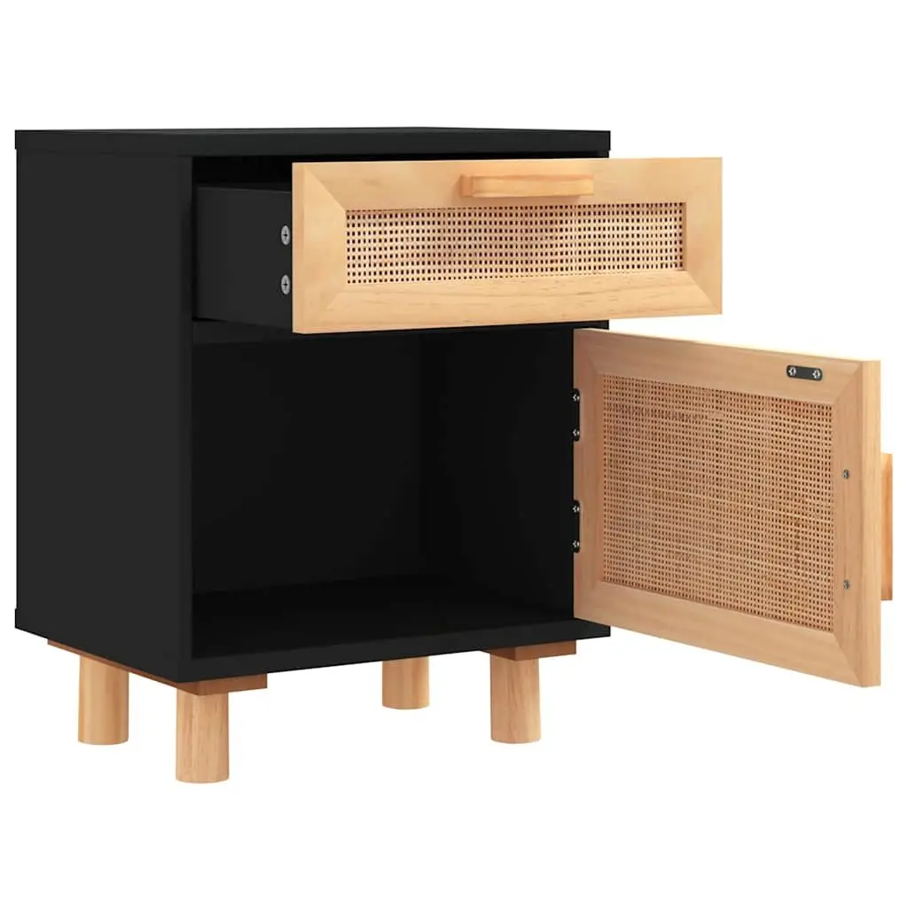 Bedside Cabinet Engineered Wood Black Solid Pine Wood Rattan 2 Piece Nightstand Storage Drawer