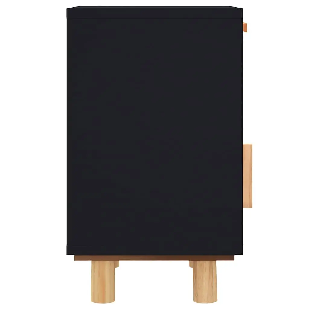 Bedside Cabinet Engineered Wood Black Solid Pine Wood Rattan 2 Piece Nightstand Storage Drawer