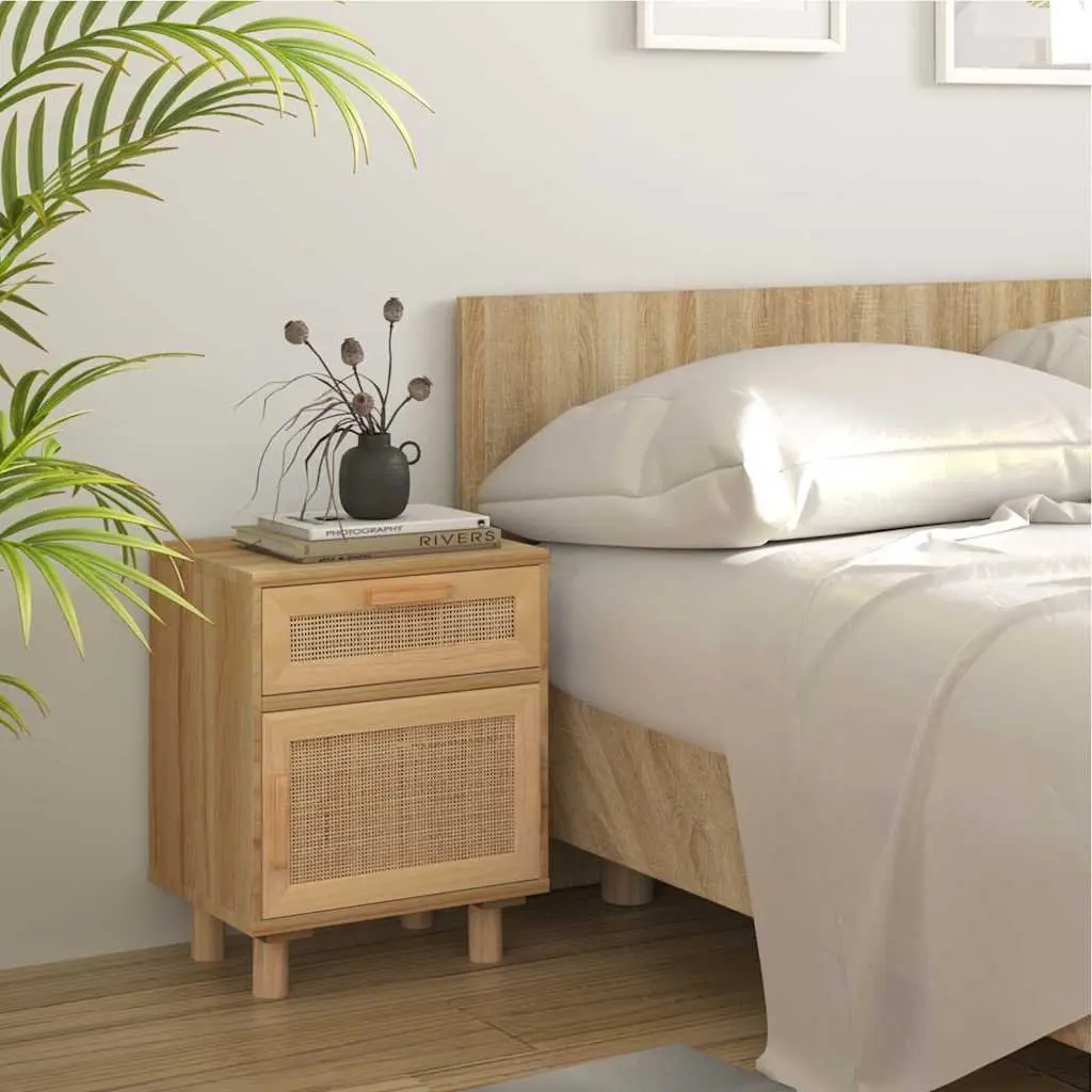 Bedside Cabinet Solid Wood Pine Rattan 2 pcs Brown Storage Drawer Nightstand