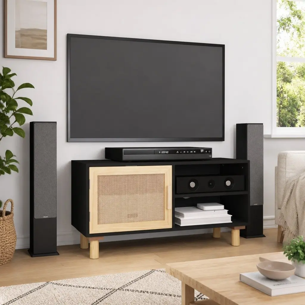TV Cabinet Engineered Wood Black 3 Compartments Rattan Door Solid Pinewood Feet