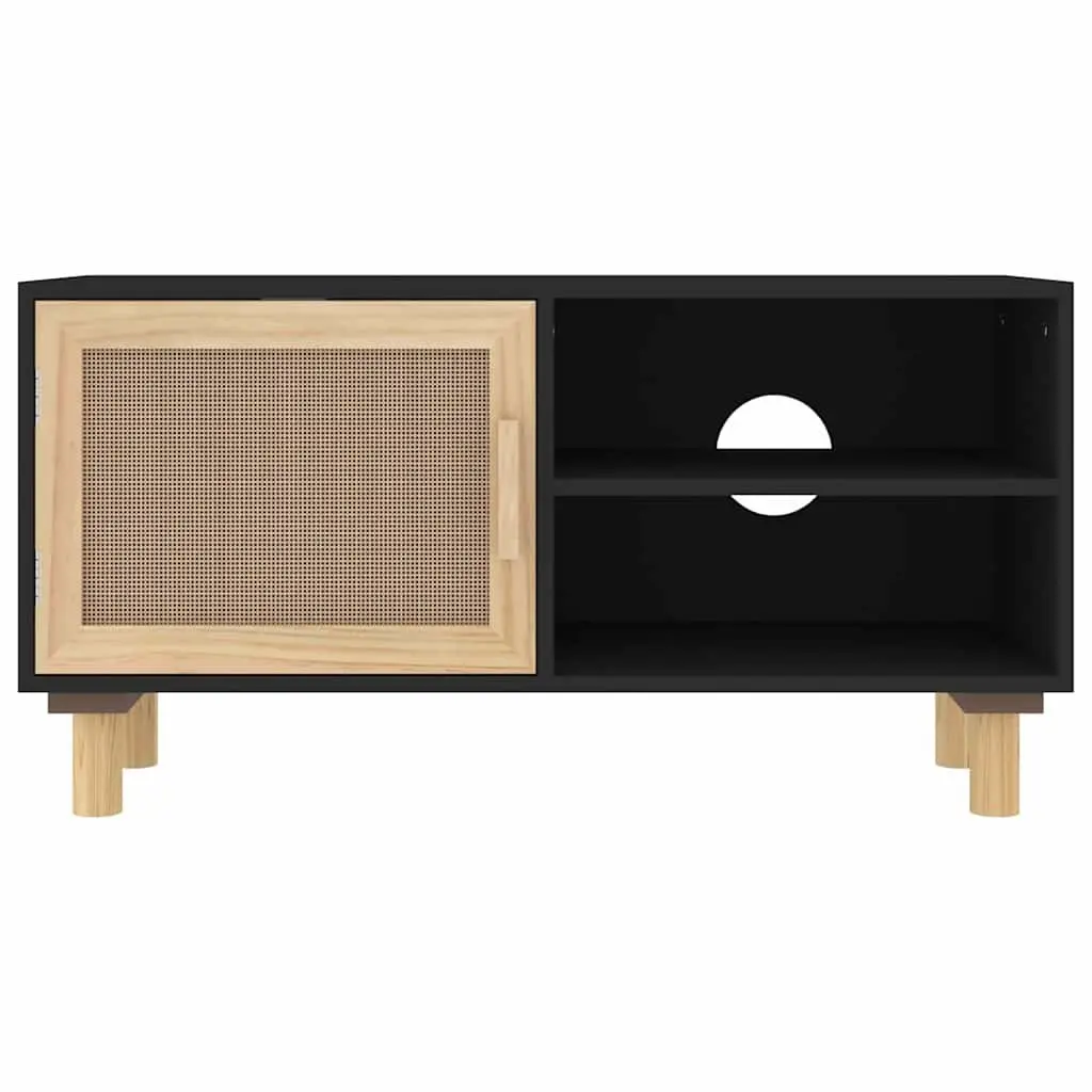 TV Cabinet Engineered Wood Black 3 Compartments Rattan Door Solid Pinewood Feet