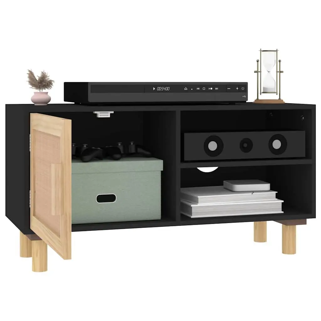 TV Cabinet Engineered Wood Black 3 Compartments Rattan Door Solid Pinewood Feet