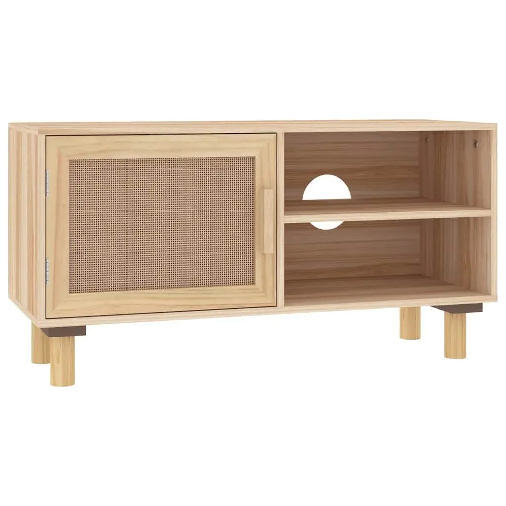 TV Cabinet Brown Storage Unit 3 Compartments Rattan Door Solid Wood Feet