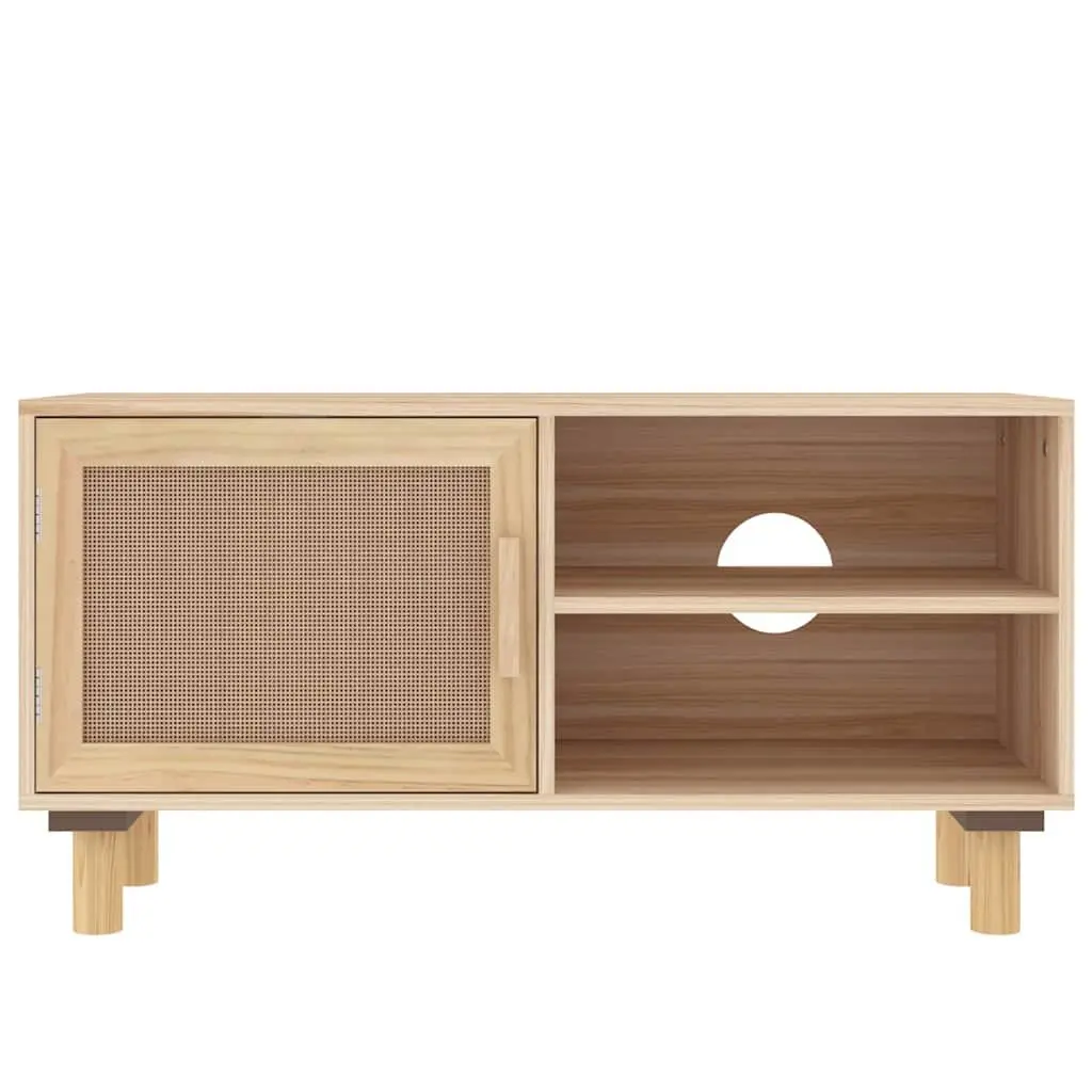 TV Cabinet Brown Storage Unit 3 Compartments Rattan Door Solid Wood Feet