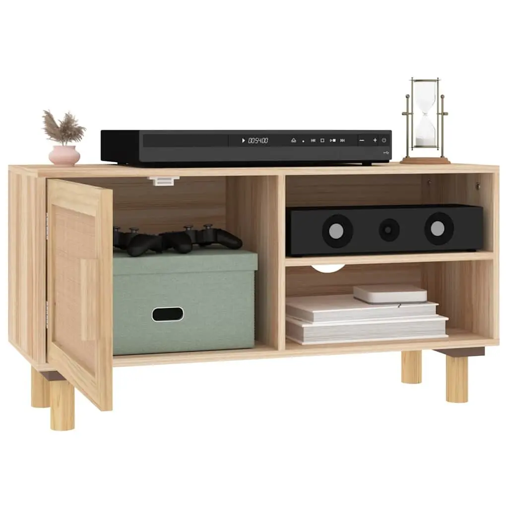 TV Cabinet Brown Storage Unit 3 Compartments Rattan Door Solid Wood Feet