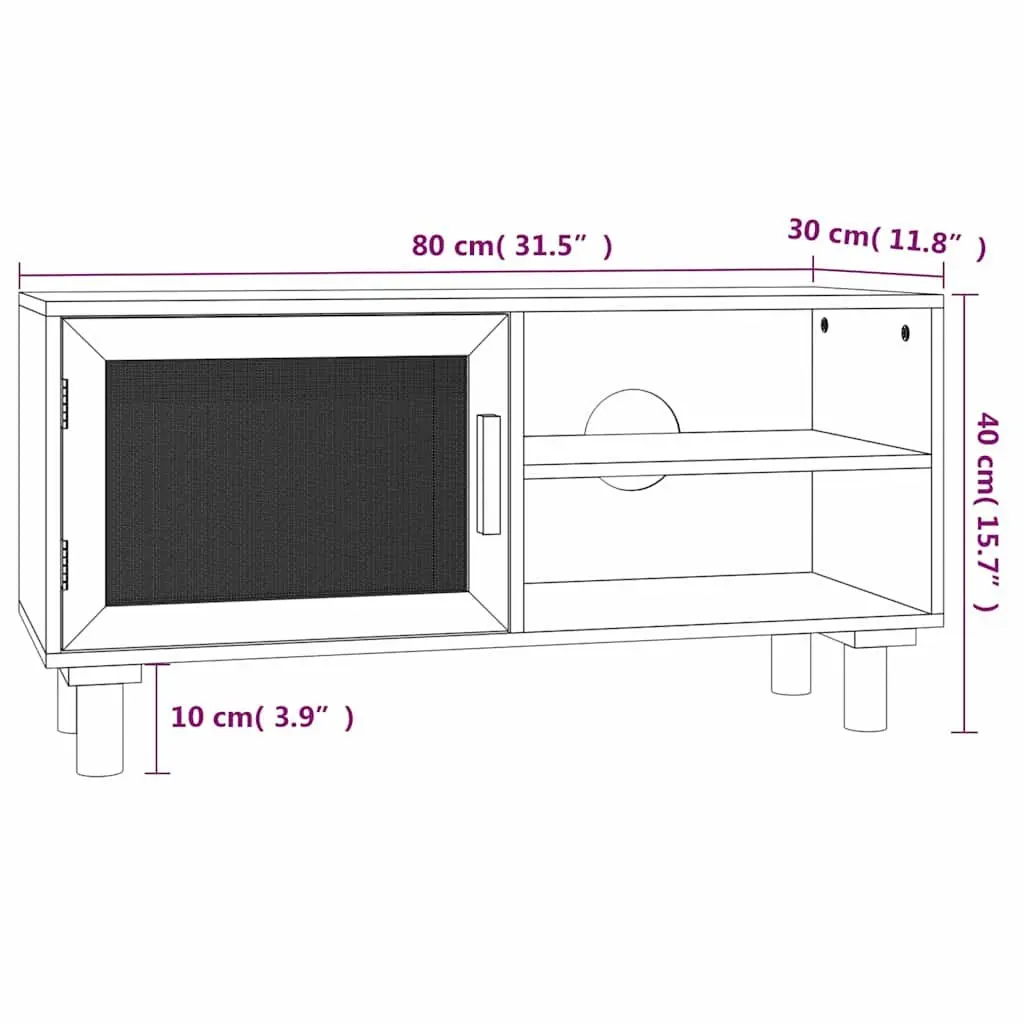 TV Cabinet Brown Storage Unit 3 Compartments Rattan Door Solid Wood Feet