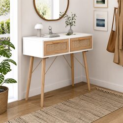 Console Table White 80x30x75 cm Entryway End Table Solid Wood Pine Rattan
