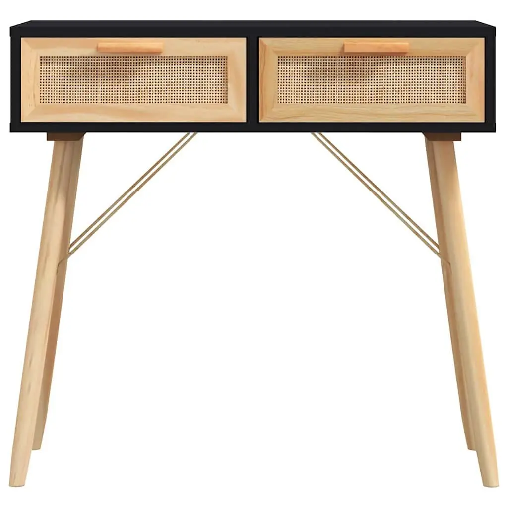 Console Table Engineered Wood Black 80x30x75 cm with Rattan Weaving and 2 Drawers