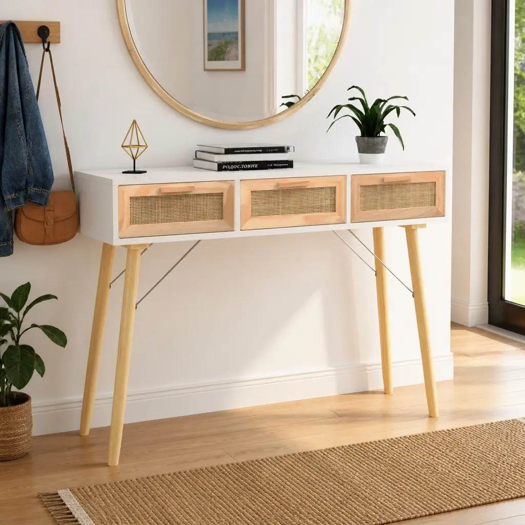 Console Table Engineered Wood White 105x30x75cm Solid Pine Rattan Drawers