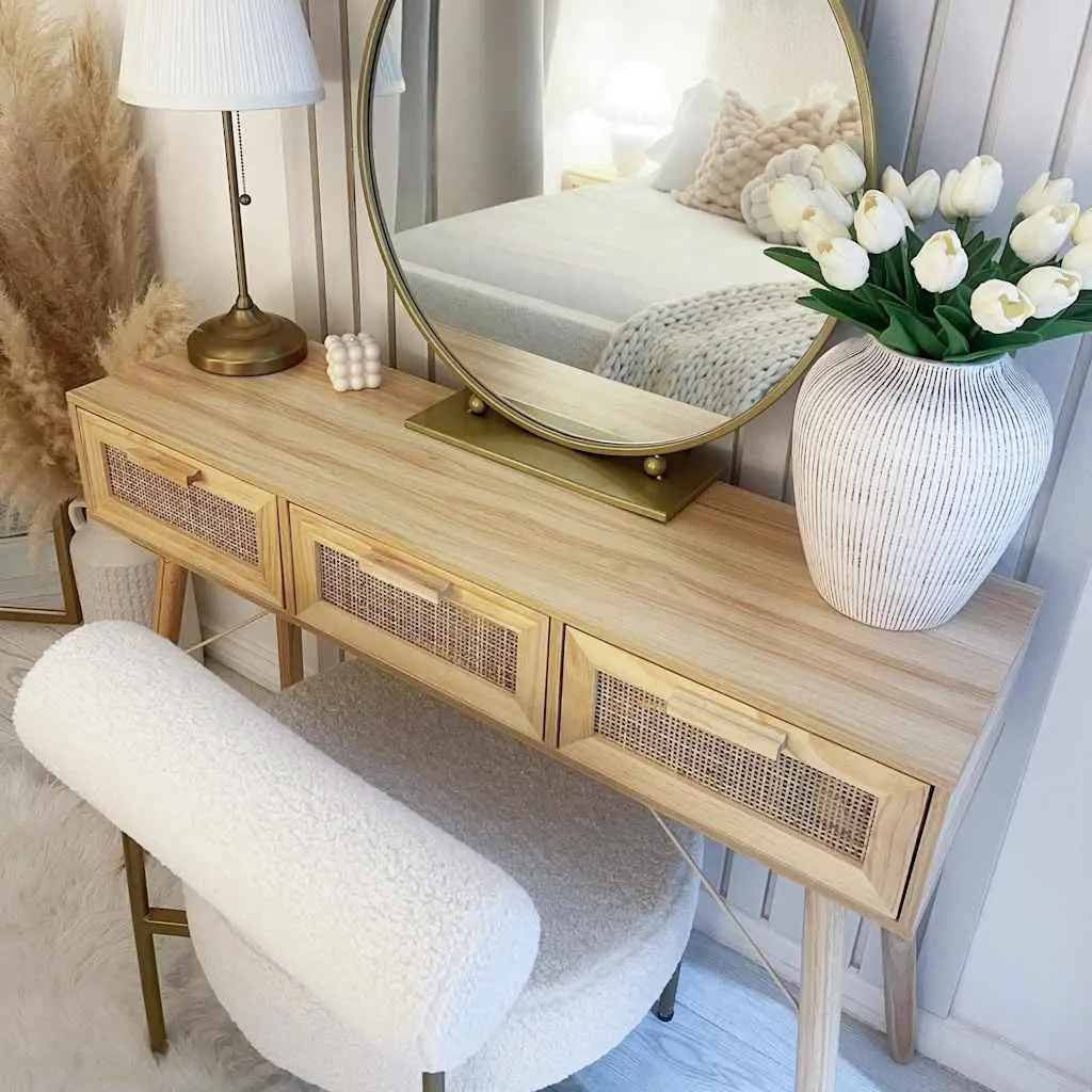 Console Table Brown End Table with Storage Drawers Rattan Weaving Design