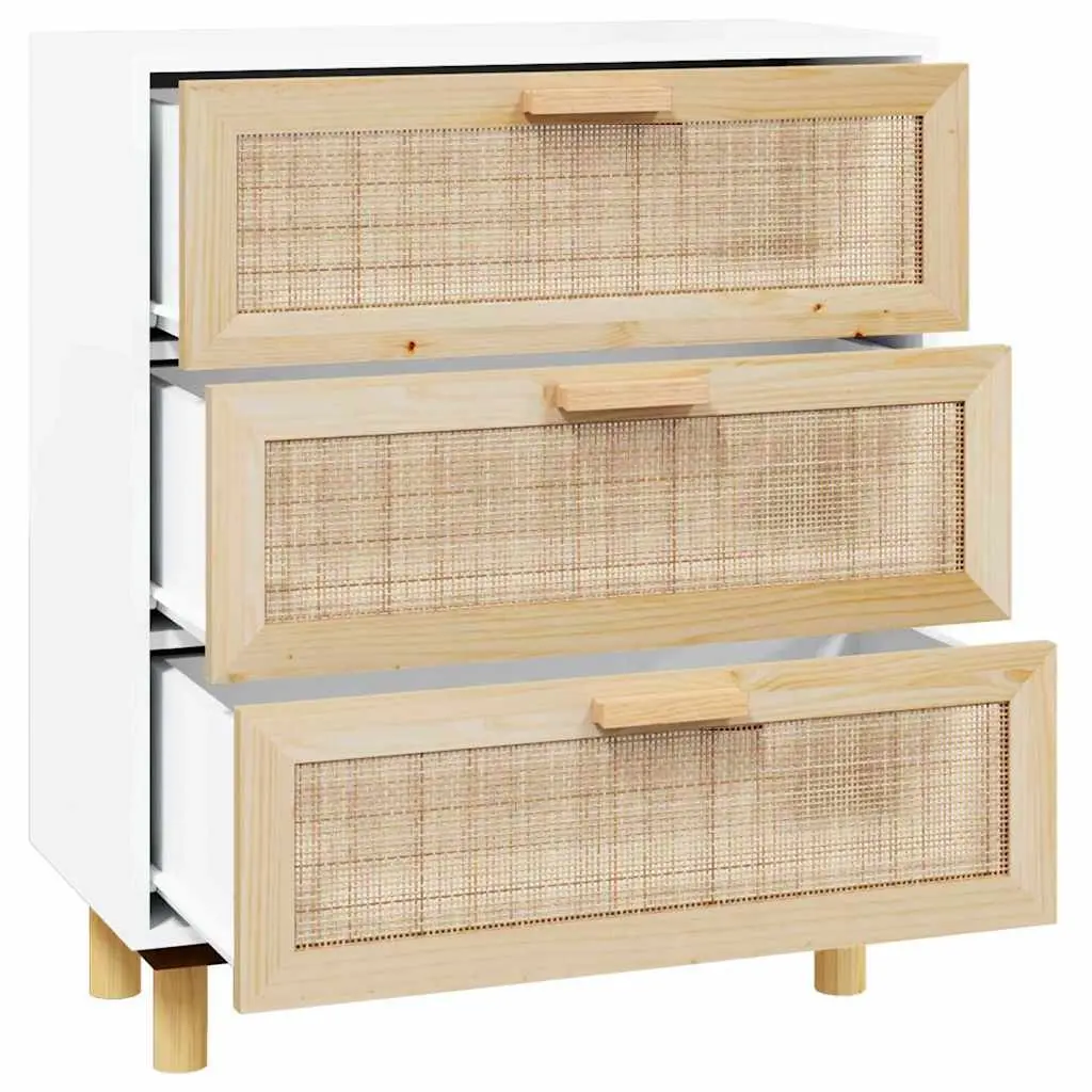 Sideboard Storage Cabinet 60x30x70cm Engineered Wood White with Rattan Weaving and Three Drawers