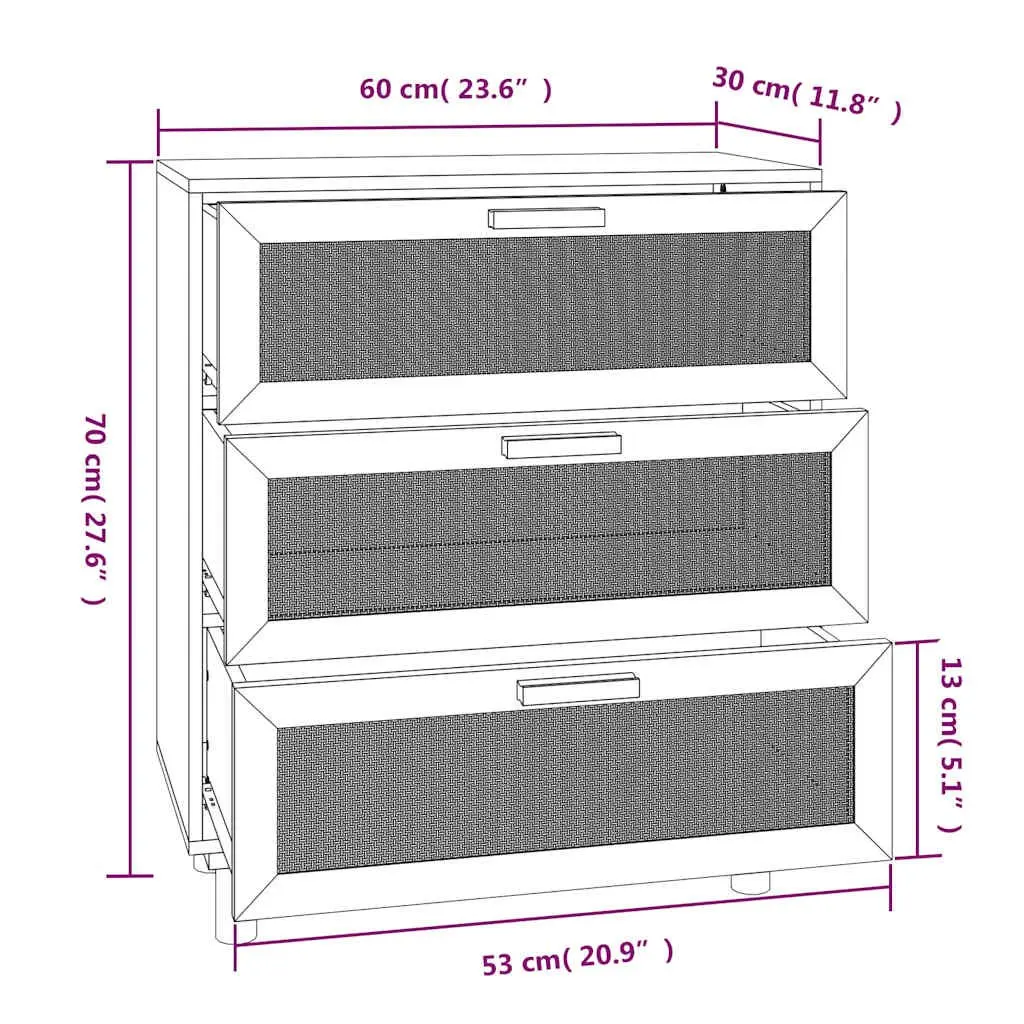 Sideboard Storage Cabinet 60x30x70cm Engineered Wood White with Rattan Weaving and Three Drawers