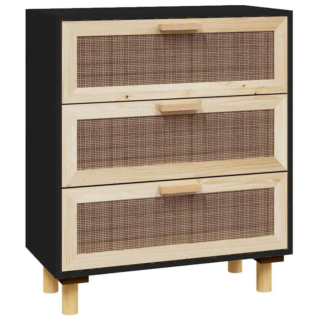 Sideboard Storage Cabinet with 3 Drawers Rattan Design Black 60x30x70cm