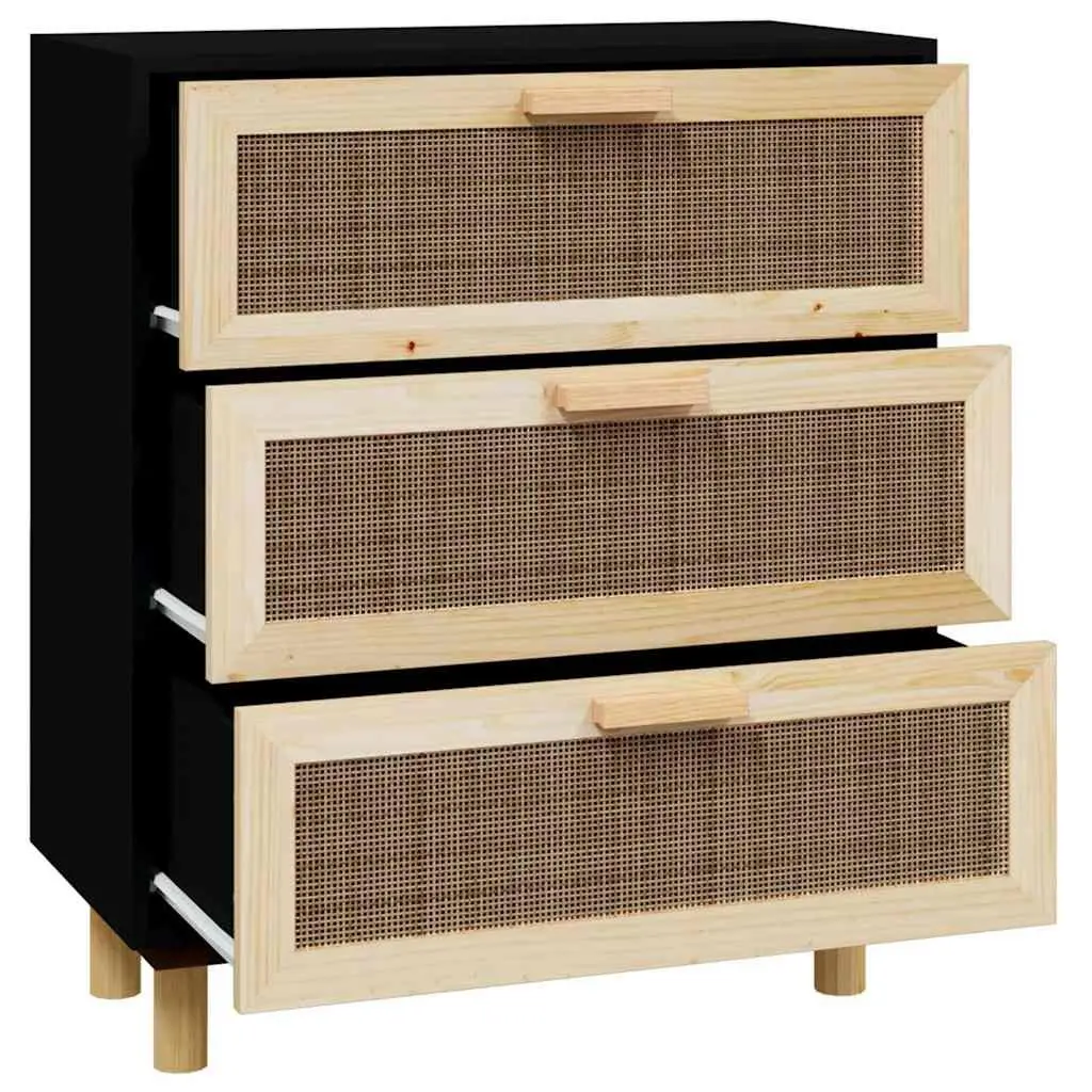 Sideboard Storage Cabinet with 3 Drawers Rattan Design Black 60x30x70cm