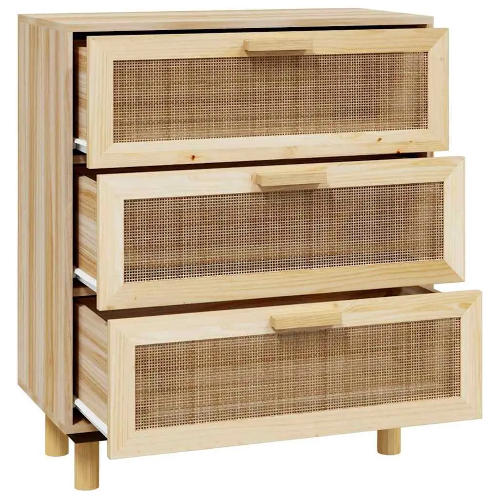 Rattan Weaving Sideboard Cabinet 60x30x70cm Brown Engineered Wood 3 Drawers Storage Unit with Solid Pinewood Feet