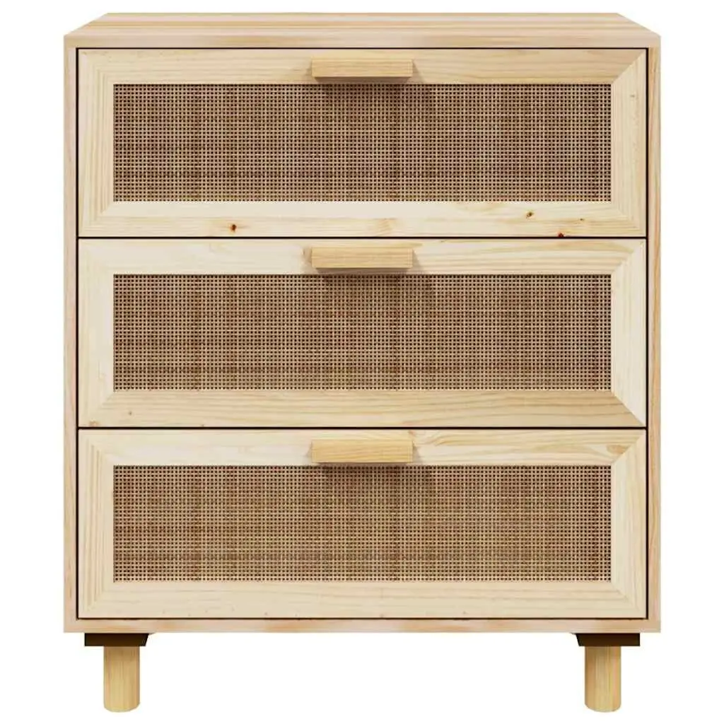 Rattan Weaving Sideboard Cabinet 60x30x70cm Brown Engineered Wood 3 Drawers Storage Unit with Solid Pinewood Feet