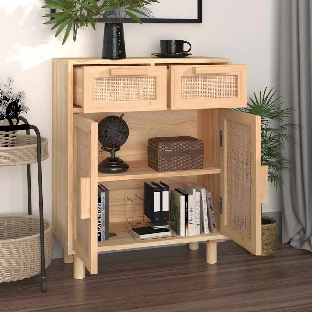 Brown Sideboard Cabinet Storage Furniture Solid Pine Rattan 60x30x75cm Engineered Wood with Drawers and Compartments