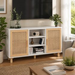 Sideboard White 105x30x60cm Storage Cabinet Rattan Door 5 Compartments