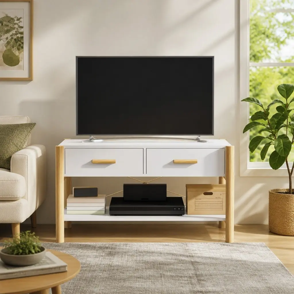 White TV Stand Engineered Wood Storage Unit 82x38x45cm with Solid Wood Legs