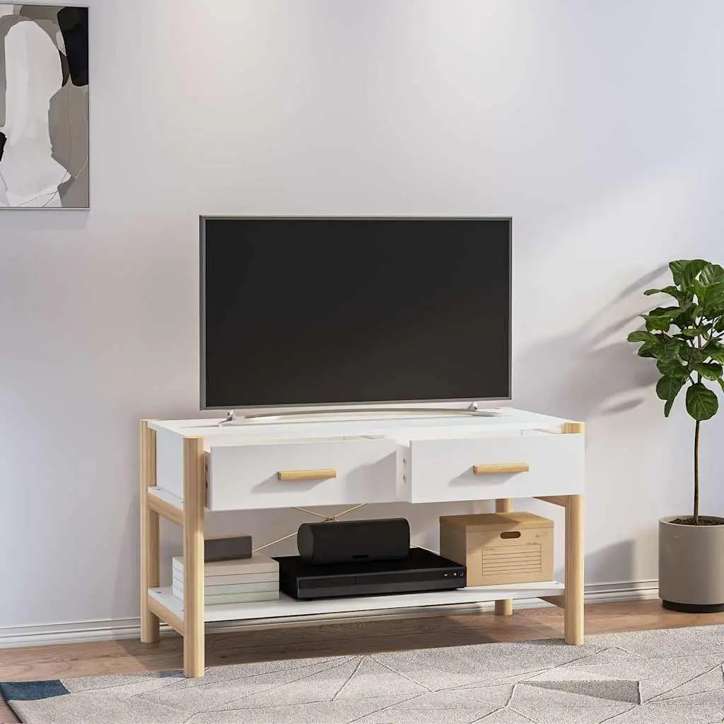 White TV Stand Engineered Wood Storage Unit 82x38x45cm with Solid Wood Legs