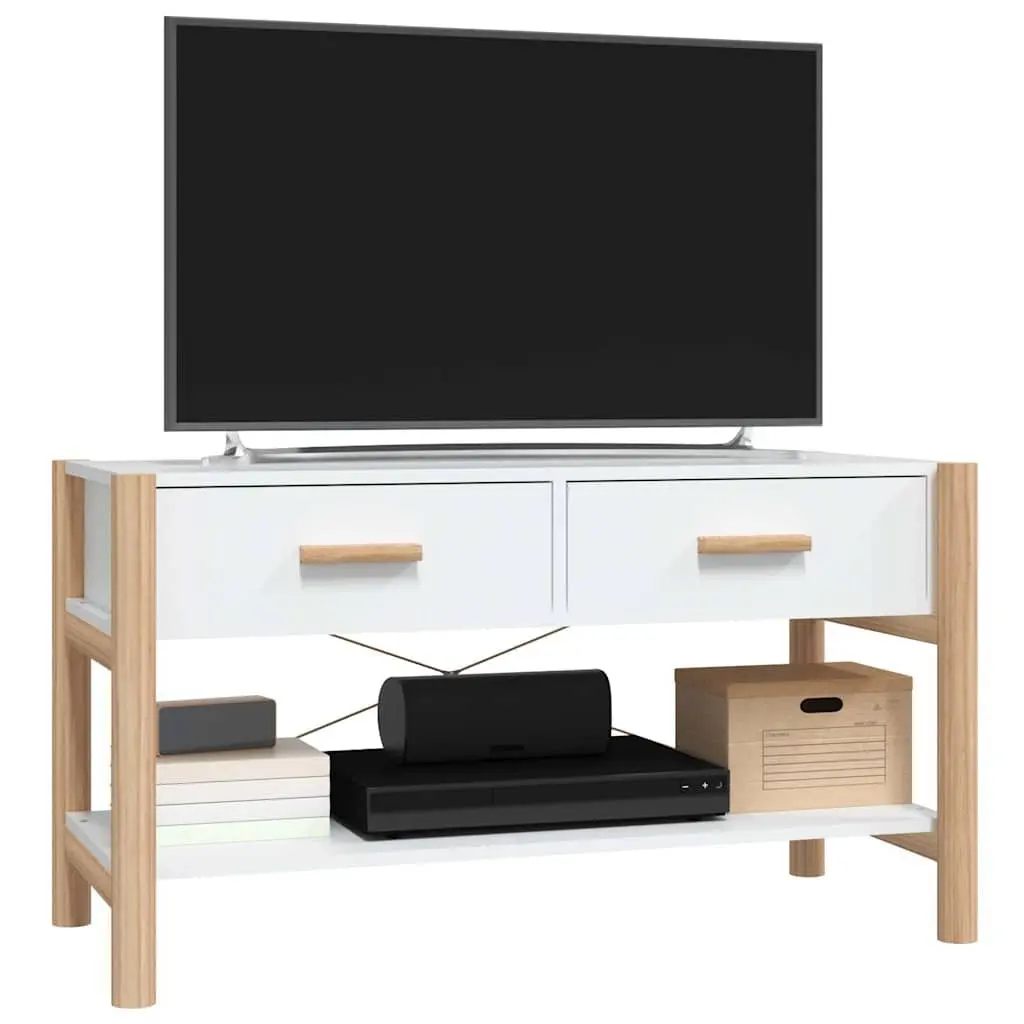 White TV Stand Engineered Wood Storage Unit 82x38x45cm with Solid Wood Legs