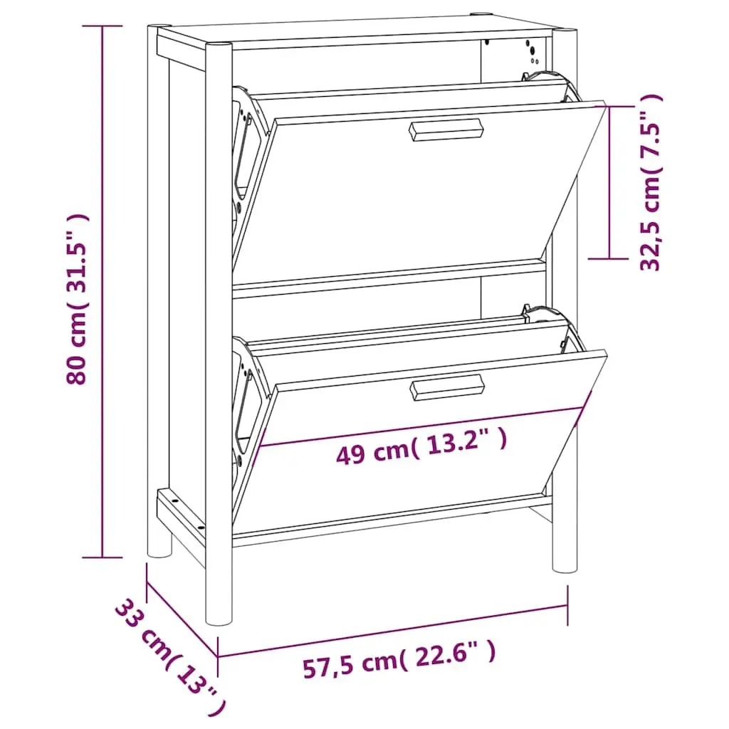 Shoe Organizer Cabinet Engineered Wood Brown 57.5cm Width 33cm Depth 80cm Height Storage Furniture